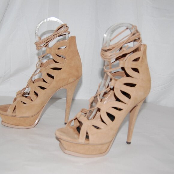 US 5.5❤️ SAINT LAURENT Nude SUEDE LEATHER High Heels Platform Gladiator Sandals - Picture 1 of 13